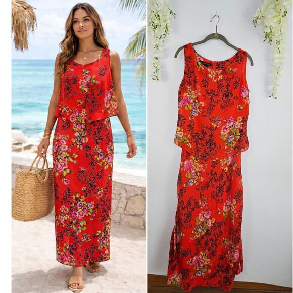Mlle Gabrielle Dresses & Skirts - Mlle Gabrielle Red Floral Maxi Summer Dress Size 8 Boho Layered Beach Y2K VNT